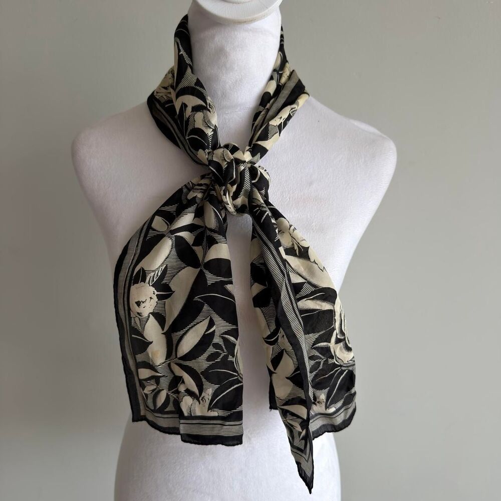 Vintage Black & Cream Floral Silk Twilly Scarf Botanical Old Money Romantic Chic